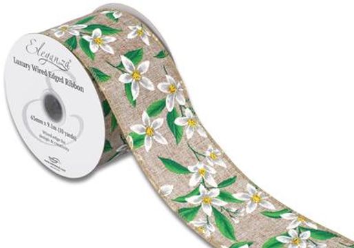 Eleganza Wired Edge Floral Pattern Natural 63mm x 9.1m Design No.412 - Ribbons