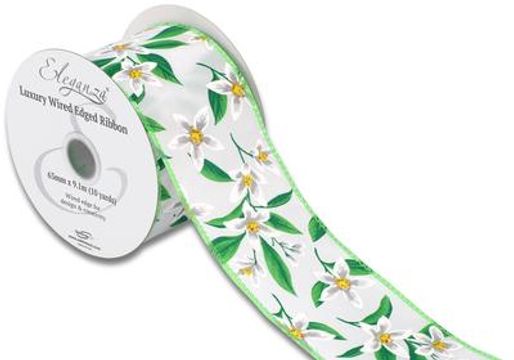 Eleganza Wired Edge Floral Pattern White 63mm x 9.1m Design No.412 - Ribbons