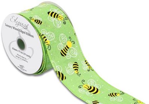 Eleganza Wired Edge Smiley Bee Lime Green 63mm x 9.1m Design No.405 - Ribbons