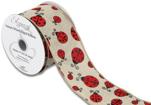 Eleganza Wired Edge Ladybird Bloom Natural 63mm x 9.1m Design No.406 - Ribbons