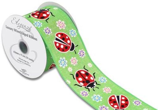 Eleganza Wired Edge Floral Ladybird  Lime Green 63mm x 9.1m Design No.407 - Ribbons