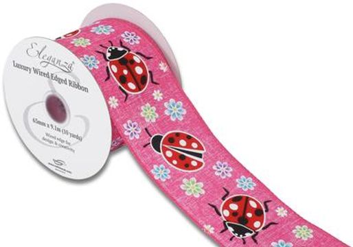 Eleganza Wired Edge Floral Ladybird Fuchsia 63mm x 9.1m Design No.407 - Ribbons