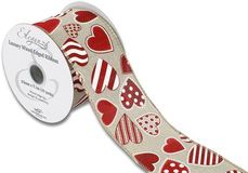 Eleganza Wired Edge Patterned Hearts Natural 63mm x 9.1m Design No.408 - Ribbons