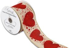 Eleganza Wired Edge Large Heart/Dots Red Natural 63mm x 9.1m Design No.410 - Ribbons