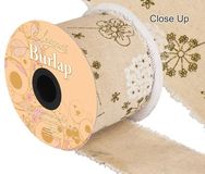 Eleganza Burlap Frayed Edge Illustrated Flower 70mm x 10m - Ribbons