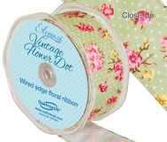 Eleganza Vintage Flower Dot Wire Edge 38mm x 10m Green No.50 - Ribbons