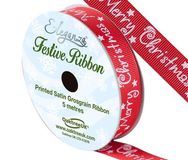 Eleganza Satin Grosgrain Merry Christmas Design No.359 Red 15mm x 5m - Christmas Ribbon