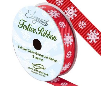 Eleganza Satin Grosgrain Snow Flake Red 15mm x 5m - Christmas Ribbon