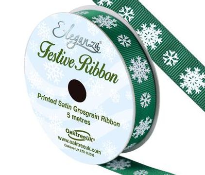 Eleganza Satin Grosgrain Snow Flake Green 15mm x 5m - Christmas Ribbon