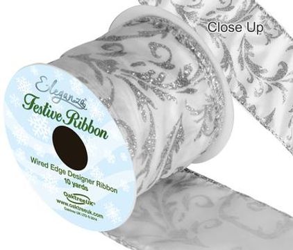 Eleganza Satin Wired Edge Glitter Damask Silver 10yds x 63mm - Christmas Ribbon