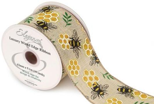 Eleganza Wired Edge Ribbon Bee and Honeycomb Natural 63mm x 9.1m Design.423 - Ribbons