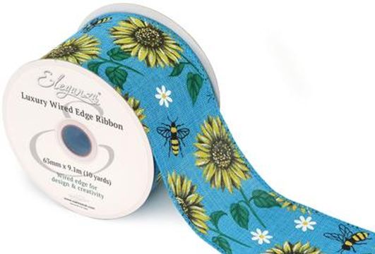 Eleganza Wired Edge Ribbon Bee and Sunflower Turquoise 63mm x 9.1m Design.424 - Ribbons