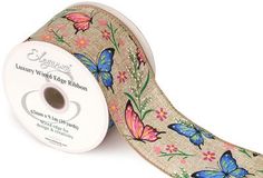 Eleganza Wired Edge Ribbon Pink & Blue Butterflies Natural 63mm x 9.1m Design.425 - Ribbons