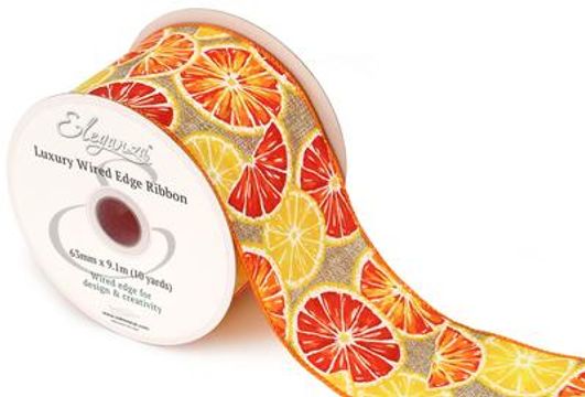 Eleganza Wired Edge Ribbon Orange Slices Natural 63mmx 9.1m Design.426 - Ribbons