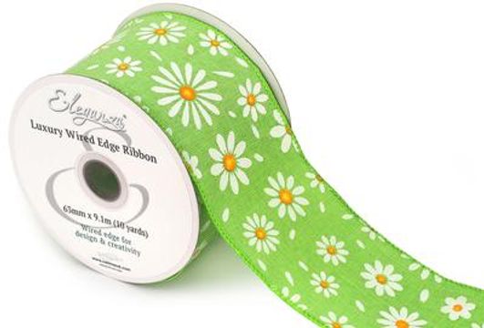 Eleganza Wired Edge Ribbon White Daisies on Green 63mm x 9.1m Design.427 - Ribbons