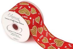 Eleganza Wired Edge Ribbon Gold Glitter Love Hearts Red 63mm x 9.1m Design 432 - Ribbons