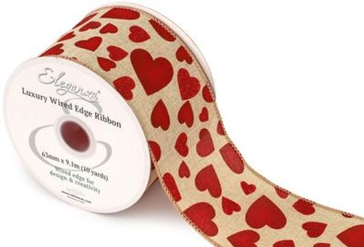 Eleganza Wired Edge Ribbon Red Hearts Natural 63mm x 9.1m Design 433 - Ribbons