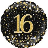 Oaktree 18inch 16th Sparkling Fizz Birthday Black & Gold Holographic - Foil Balloons