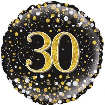 Oaktree 18inch 30th Sparkling Fizz Birthday Black & Gold Holographic - Foil Balloons