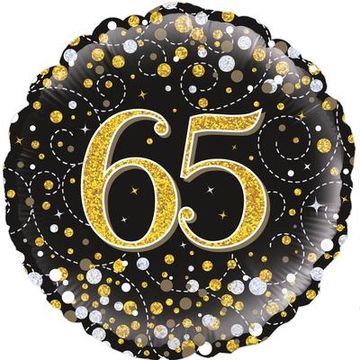 Oaktree 18inch 65th Sparkling Fizz Birthday Black & Gold Holographic - Foil Balloons