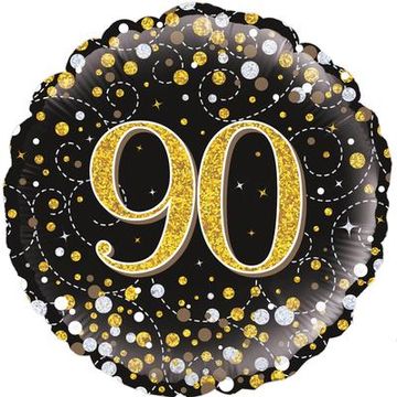 Oaktree 18inch 90th Sparkling Fizz Birthday Black & Gold Holographic - Foil Balloons