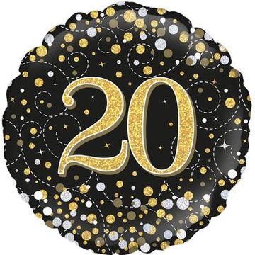 Oaktree 18inch 20th Sparkling Fizz Birthday Black & Gold Holographic - Foil Balloons