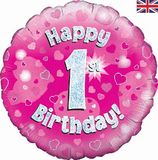 Oaktree 18inch Happy 1st Birthday Pink Holographic - Foil Balloons