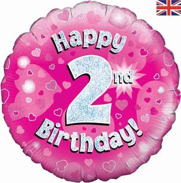 Oaktree 18inch Happy 2nd Birthday Pink Holographic - Foil Balloons