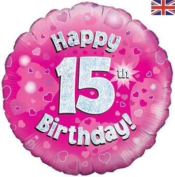 Oaktree 18inch Happy 15th Birthday Pink Holographic - Foil Balloons