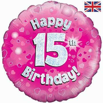 Oaktree 18inch Happy 15th Birthday Pink Holographic - Foil Balloons