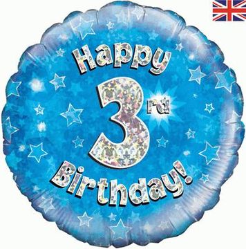 Oaktree 18inch Happy 3rd Birthday Blue Holographic - Foil Balloons