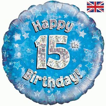 Oaktree 18inch Happy 15th Birthday Blue Holographic - Foil Balloons