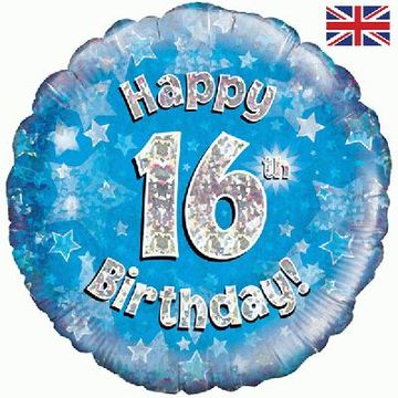 Oaktree 18inch Happy 16th Birthday Blue Holographic - Foil Balloons