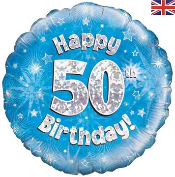 Oaktree 18inch Happy 50th Birthday Blue Holographic - Foil Balloons