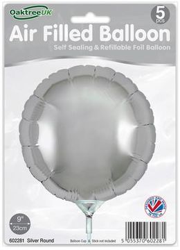 Oaktree 9inch Silver Round Packaged x 5pcs - Foil Balloons