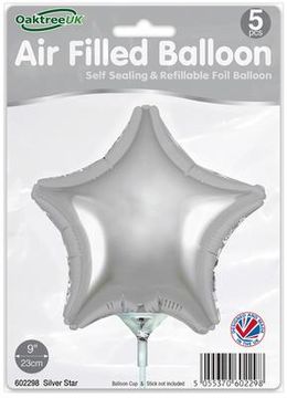 Oaktree 9inch Silver Star Packaged x 5pcs - Foil Balloons