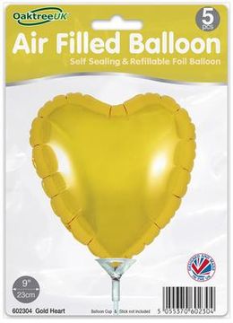 Oaktree 9inch Gold Heart Packaged x 5pcs - Foil Balloons