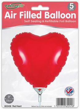 Oaktree 9inch Red Heart Packaged x 5pcs - Foil Balloons