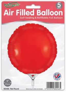 Oaktree 9inch Red Round Packaged x 5pcs - Foil Balloons