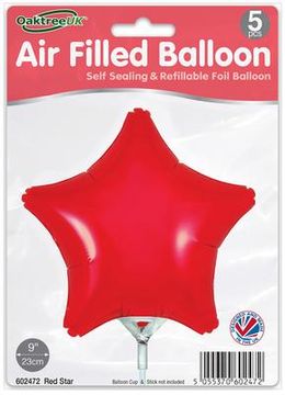 Oaktree 9inch Red Star Packaged x 5pcs - Foil Balloons