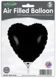 Oaktree 9inch Black Heart Packaged x 5pcs - Foil Balloons