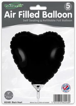 Oaktree 9inch Black Heart Packaged x 5pcs - Foil Balloons
