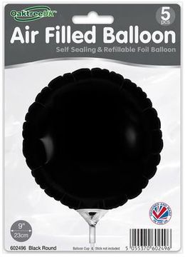 Oaktree 9inch Black Round Packaged x 5pcs - Foil Balloons