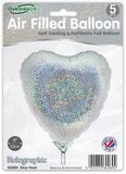 Oaktree 9inch Holographic Silver Heart Packaged x 5pcs - Foil Balloons