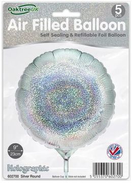 Oaktree 9inch Holographic Silver Round Packaged x 5pcs - Foil Balloons