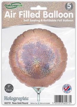 Oaktree 9inch Holographic Rose Gold Round Packaged x 5pcs - Foil Balloons