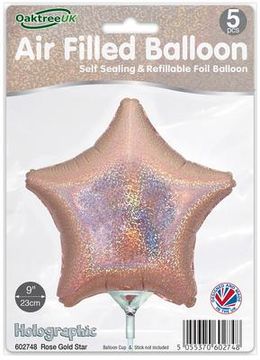 Oaktree 9inch Holographic Rose Gold Star Packaged x 5pcs - Foil Balloons