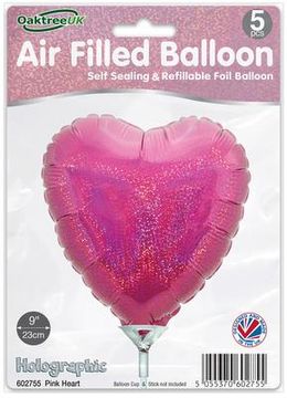 Oaktree 9inch Holographic Pink Heart Packaged x 5pcs - Foil Balloons