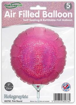 Oaktree 9inch Holographic Pink Round Packaged x 5pcs - Foil Balloons