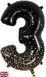 Oaktree 34inch Number 3 Sparkling Fizz Black Gold Holographic - Foil Balloons